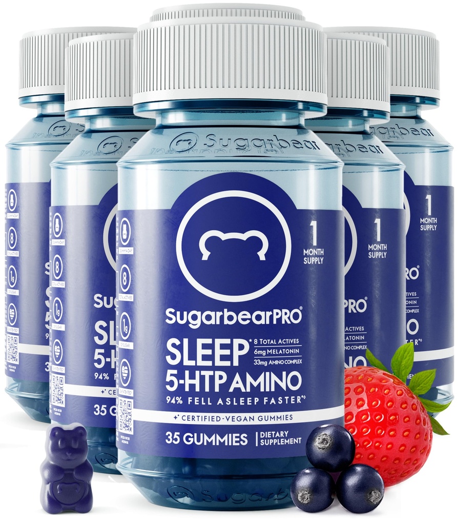 SugarBearPro Sleep Gummy 6 Maand Supply, Extra Strength Melatonine 6mg, voor mannen & vrouwen, Vegan Vitamine B6, L-Theanine, 5 HTP, Valeriaan, Slaaphulp voor volwassenen & tieners, Gecertificeerde Kosher
