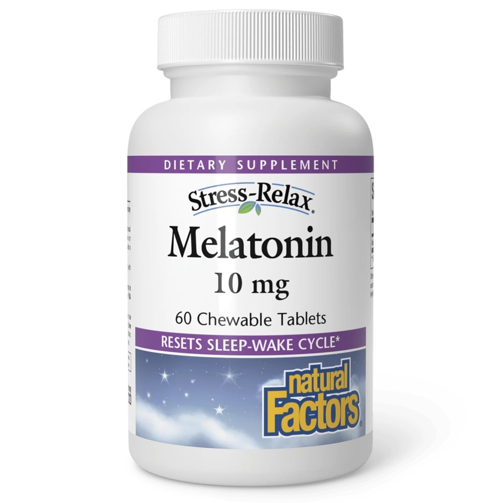 Stress-Relax Melatonine 10 mg door Natuurlijke Factoren, Natuurlijke Slaaphulp, Resets de slaap-Wake Cycle, 60 kauwtabletten (60 porties), Pepermunt smaak