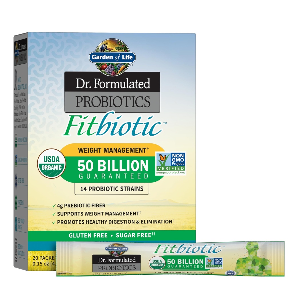 Garden of Life Dr. Formulated Probiotics Fitbiotic Weight Management Powder, 50 Miljard CFU & Prebiotic Fiber, Organic & Non-GMO Digestief Gut Health Probiotic Supplement, 20 Single Serving Packets