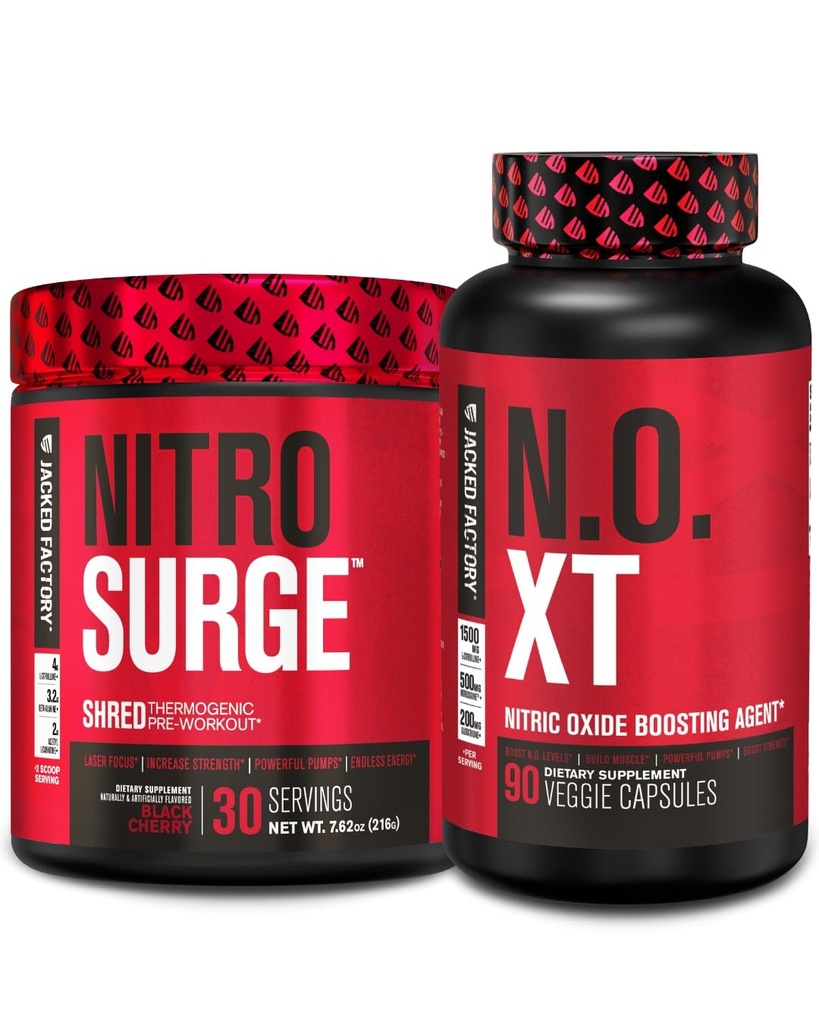 Ge Jacked Factory Nitrosurge Shred Thermogenic Pre-workout in Black Cherry & N.O. XT Nitric Oxid Booster voor mannen en vrouwen