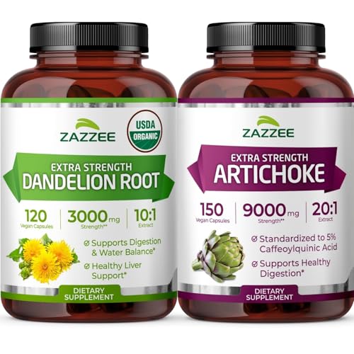 Zazzee Artichoke Leaf & Dandelion Root Bundle | 20:1 Artichoke Leaf Extract Plus 10:1 Organic Dandelion Root | Liver Cleanse Detox Bundle | Non-GMO Vegan & ISO Lab Tested