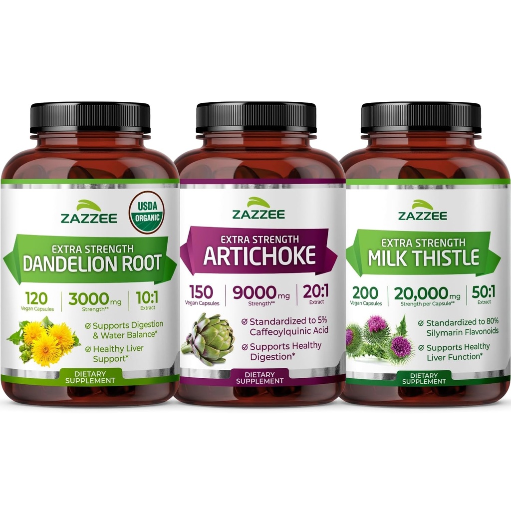 Zazzee Dandelion Artichoke & Milk Thistle Bundle | 20:1 Artichoke Leaf Extract Plus 10:1 Organic Dandelion Root and 50:1 Organic Milk Thistle Extract | Liver Cleanse Detox Bundle