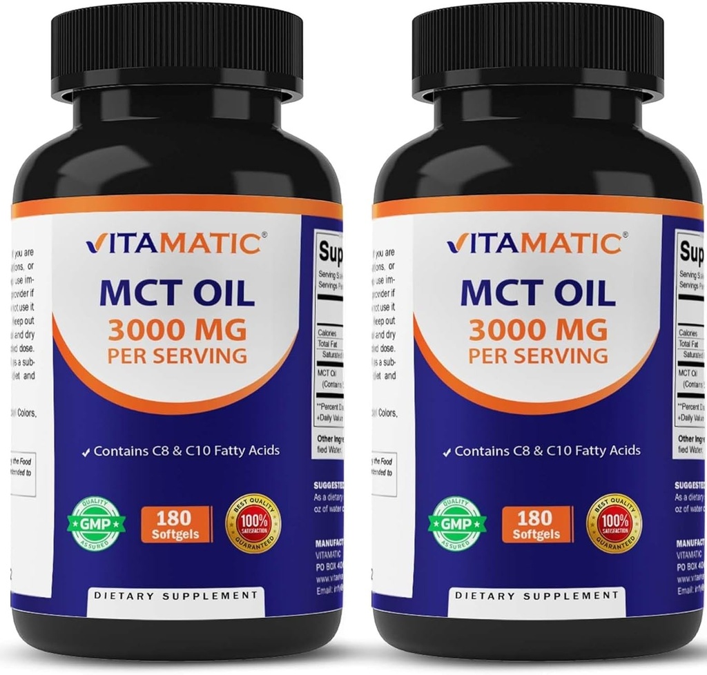 Vitamatic 2 Packs MCT Oil Capsules 3000 mg per Serving - 180 Softgels - from Coconut Oil - Bevat 55% caprylzuur C8 en 40% caprinezuur C10 (Total 360 Softgel)
