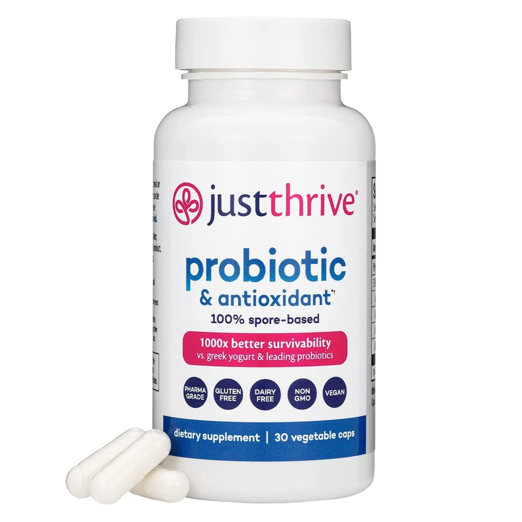 Just Thrive Probiotic & Antioxidant Supplement - 100% op sporen gebaseerde Digestieve en Immuun Ondersteuning - Glutenvrij, 30 Caps