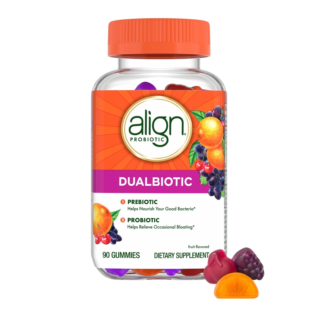 Uitlijnen Dualbiotica, Prebiotica en Probiotica voor vrouwen en mannen, Probiotica voor de spijsvertering gezondheid, Prebiotica Help voeden goede bacteriën, natuurlijke fruitsmaken, 90 Probiotische Gummies (Verpakking mei Vary)