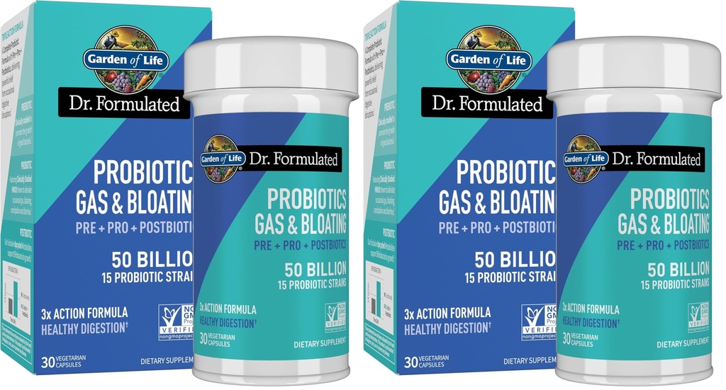 Garden of Life Dr. Formulated Pre, Post & Probiotics Gas & Bloating Once Daily 3-in-1 Complete Prebiotica, Postbiotica & Probiotica 50 Miljard CFU, Non-GMO, Gluten-Free, 30 Day Supply, (pakket van 2)