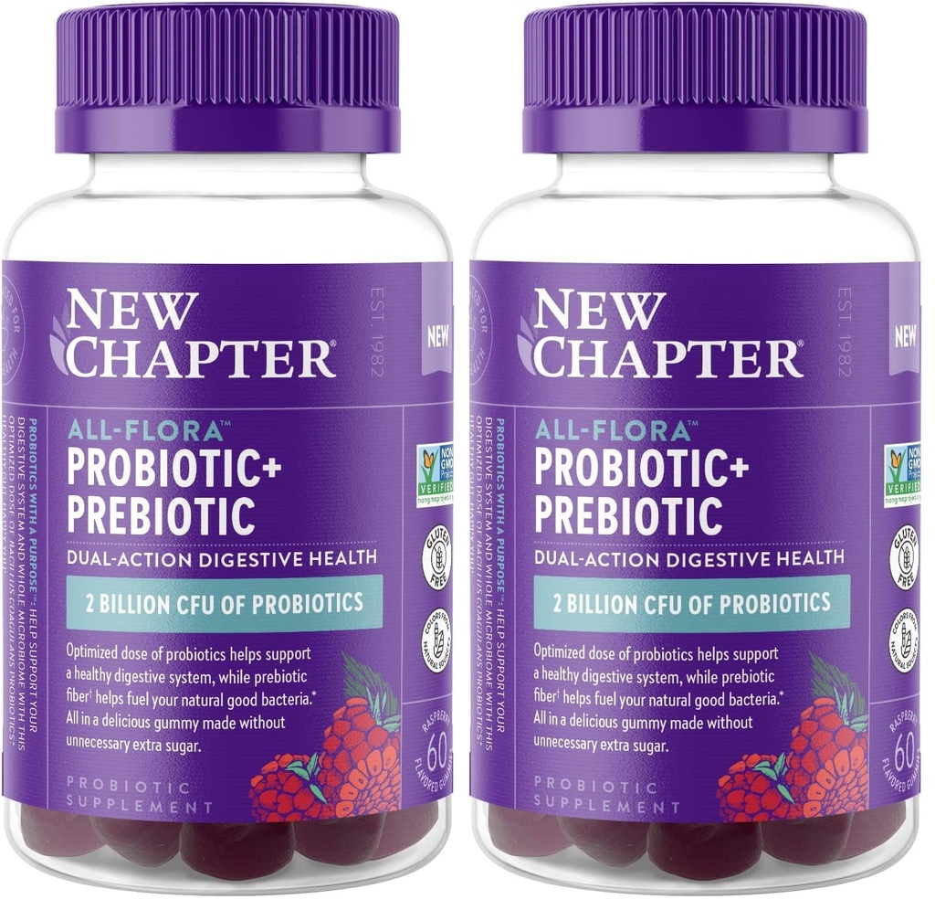 New Chapter Probiotic Gummies for Women and Men,All-Flora (1 Month Supply) – 55% Less Sugar+,Formulated for Holistic Gut Health Support with Probiotics+Prebiotic Fiber+100% Vegan+Non-GMO,(Pack of 2)