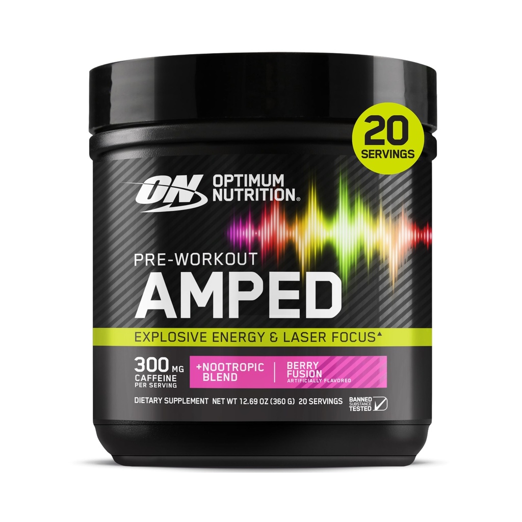 Optimum Nutrition Amped Pre-Workout, with Citrulline, Beta-Alanine, Nootropics and 300mg of Caffeine for Energy, Berry Fusion, 20 Servings (Packaging May Vary)