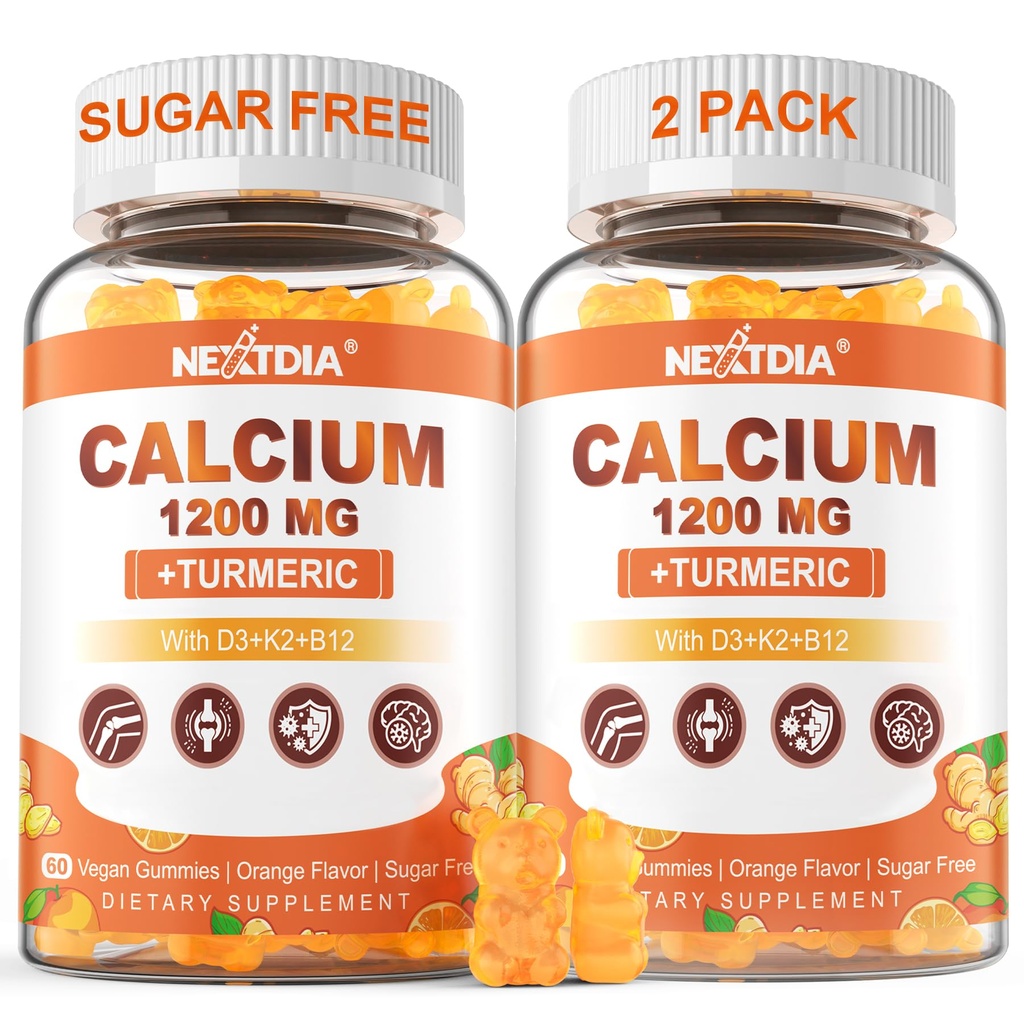 Calcium 1200 mg met vitamine D3 Gummies - Calcium + Kurkuma supplement voor vrouwen en mannen met vitamine K2 B12 - Ondersteuning bot & spier - suikervrij - veganistisch (120 telling)