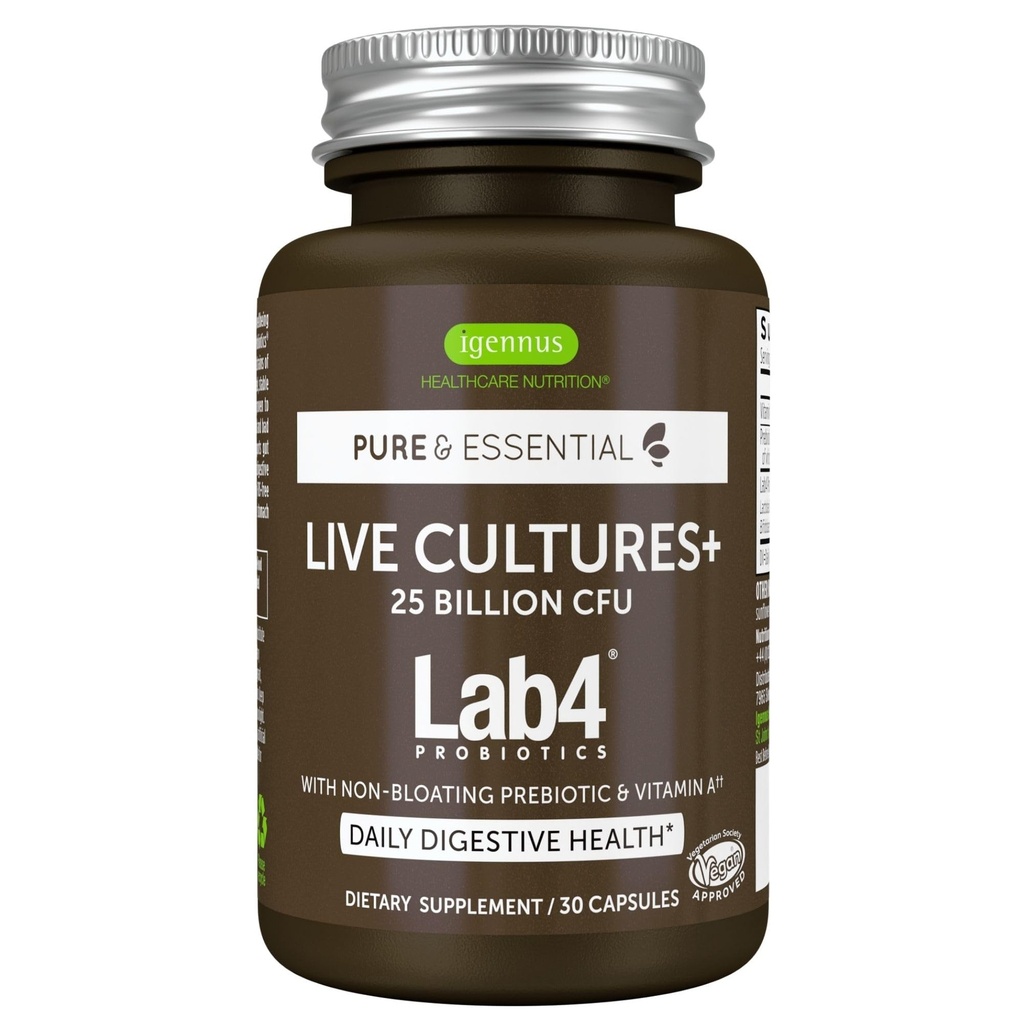 Igennus Probiotica & Prebiotica 2 in 1, Lactobacillus Acidophilus & Bifidobacterium, Gut Health Support, Live Cultures+ Lab4, Gegarandeerd 25 miljard CFU, Women & Men, Non-Bloating, Non-GMO, 30 Capsules