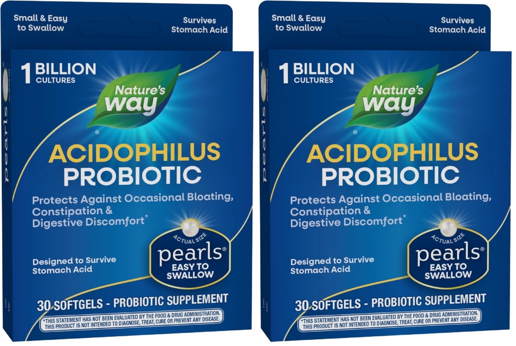 Nature's Way Acidophilus Probiotic Pearls,Ondersteunt Digestief Balance & Gut Health, Verminder Occasional Constipatie en Bloating*,1 Miljard Cultures,30 Softgels,(Pack of 2)
