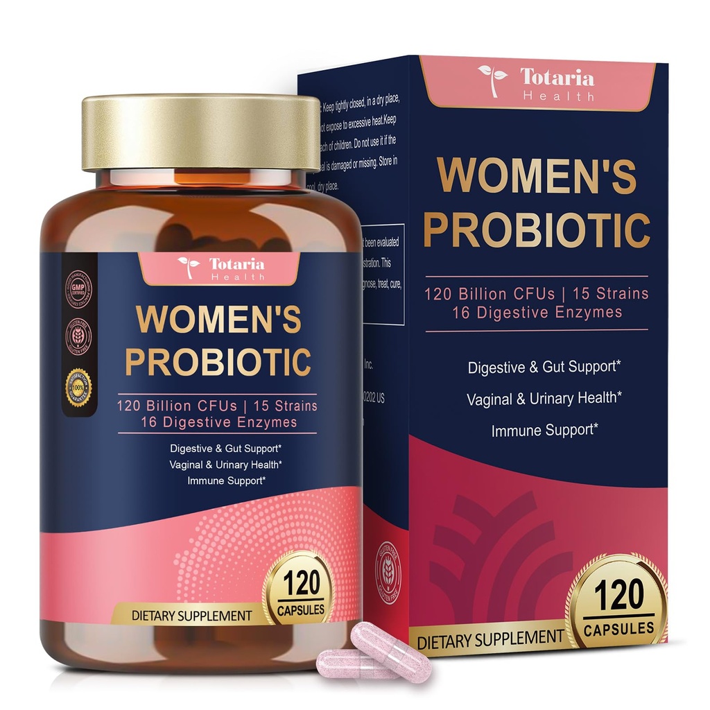 Totaria Probiotica voor vrouwen, 120 miljard Vrouwen Probiotica, met Akkermansia, Digestieve Enzymen & Prebiotica, Cranberry, D-Mannose, voor Gut, Vaginale, Urinaire, Immune, PH Balance, 120 Vegan Capules