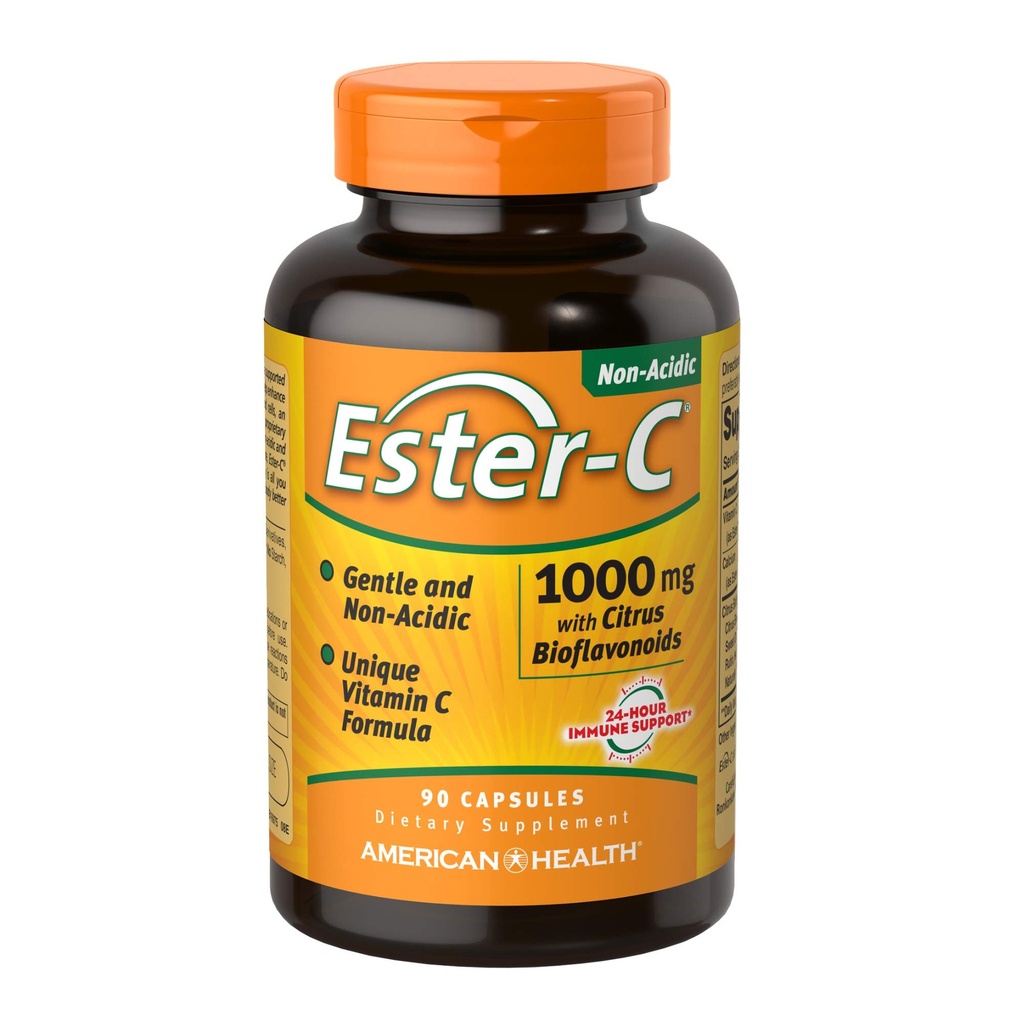 Ester-C American Health with Citrus Bioflavonoids Capsules - 24-Hour Immune Support, Gentle On Maag, Non-Acidic Vitamine C - Non-GMO, Gluten-Free - 1000 mg, 90 Tel.
