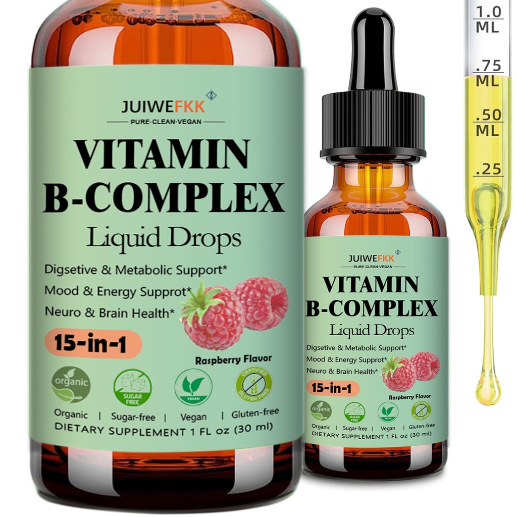 Vitamin B Complex Liquid Drops for Women Men & Kids, 15-in-1 VIT B Complex with Vitamin C B12 B6 B1 Niacin Folate Magnesium for Brain Nerve Neuropathy Energy Mood Health, Sublingual B-Complex Drops