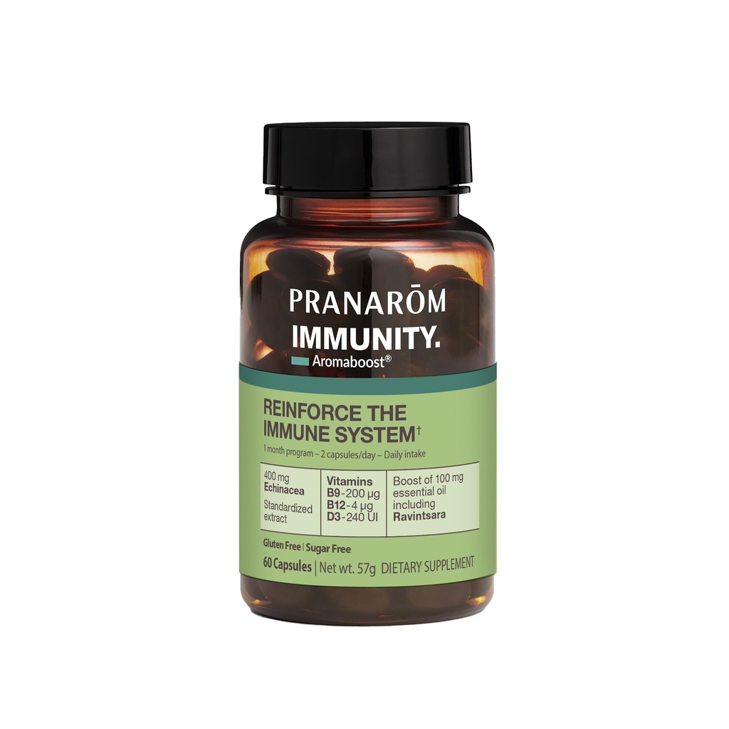 Pranarom - Aromaboost Immunity Herbal Supplement - Black Cumin, Echinacea, Vitamines B9, B12, D3, Pure Ravintsara Essential Oil for Immune Support - 60 Capsules