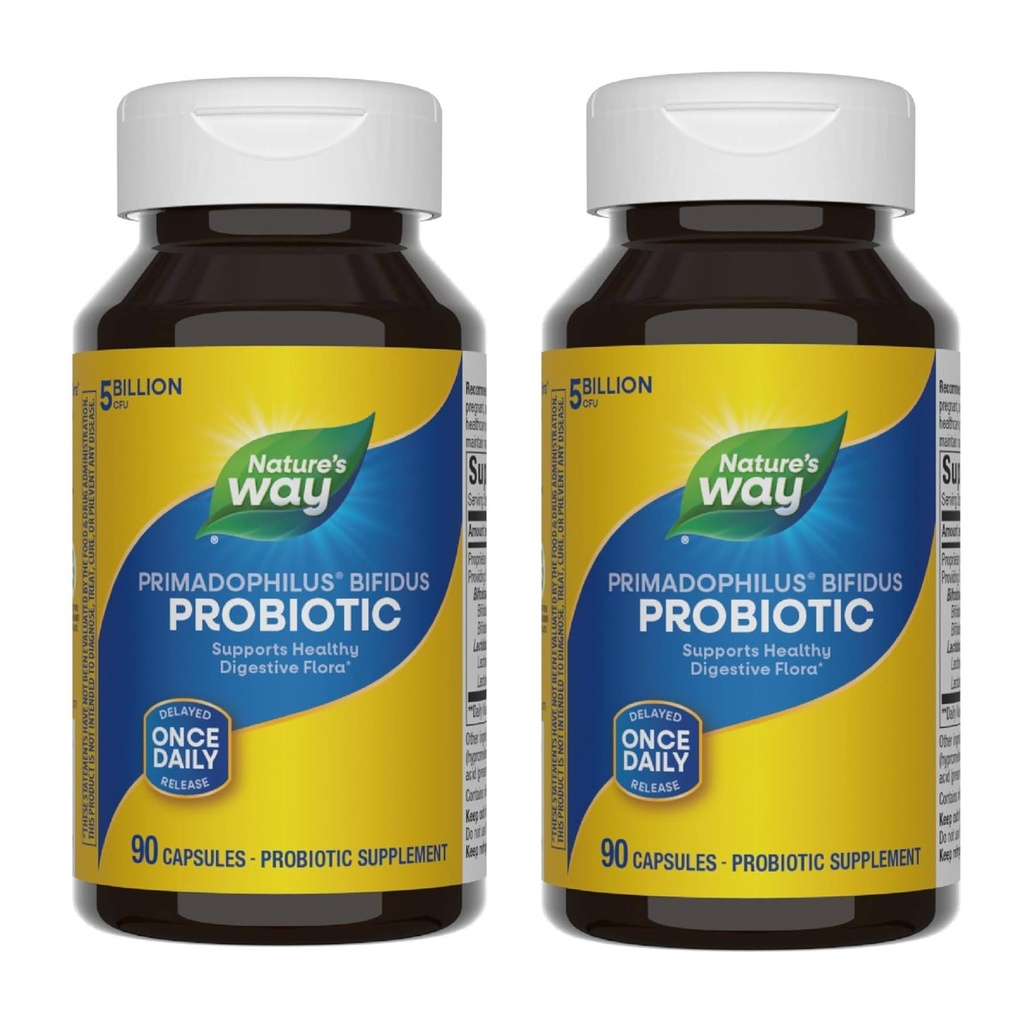 Nature's Way Primadophilus Bifidus Probiotic, ondersteunt spijsverteringsflora*, 5 miljard Live Probiotic Cultures per Capsule, Lactobacilli, Bifidobacteria, 90 Capsules (Verpakking mei Vary) - 2 Pack