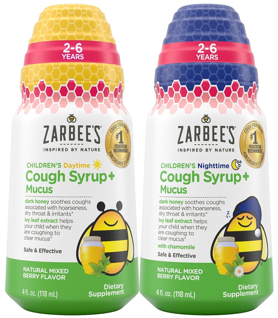 Bundle of Zarbee's Kids Cough + Mucus Daytime and Nighttime for Children 2-6 with Dark Honey, Ivy Leaf, Zink & Vlierberry, 1 Kinderarts Aanbevolen, Drug & Alcoholvrije, gemengde Berry Flavor, 4FL Oz
