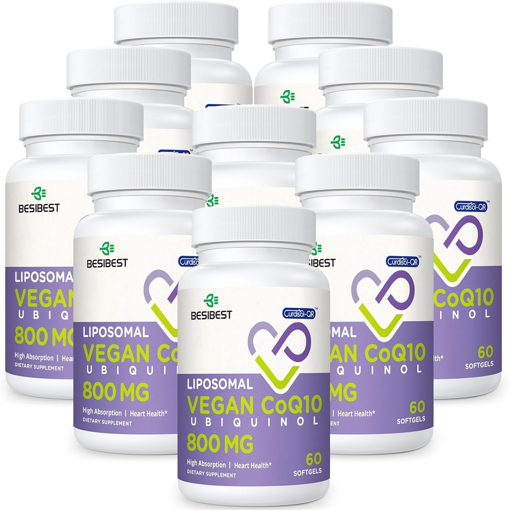 Liposomale Ubichinol CoQ10 800 MG Softgel, Hoge Absorptie CoQ10 Ubichinol Supplement, Actieve Co-enzym Q10 800mg, Krachtige Antioxidant voor Hart & Hersenfunctie, Energieproductie, 600 Vegan Softgels