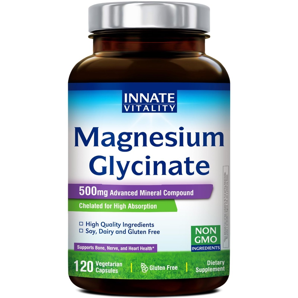 Innate Vitality Magnesium Glycinate 500mg | 70mg Elemental Magnesium Supplement - High Absorption, Non Buffered, Non-GMO & No Gluten - Vegan - Nerve Health - 120 Capsules (Pack of 1)