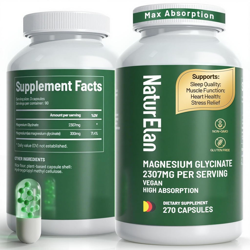 Magnesium Glycinate 2307mg, 270 Capsules, Pure Magnesium Supplements for Stress Relief, Sleep, Muscle, Nerve, Heart & Metabolism Support, Third-Party Tested, Vegan,Non-GMO & Gluten Free, Chelated