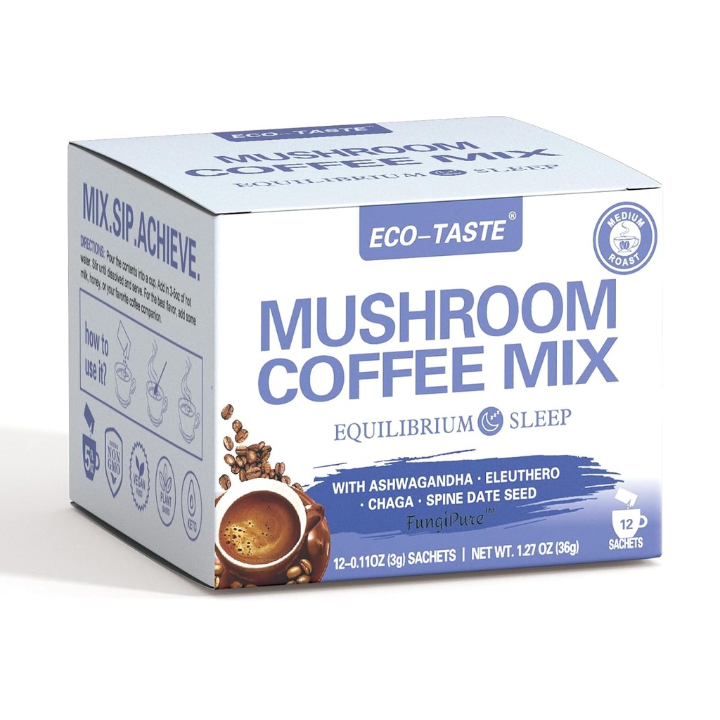 ECO-TASTE Mushroom Coffee Mix, Designed for Balance with Ashwagandha, Eleuthero, Chaga, Spine date seed – 12 Sachets