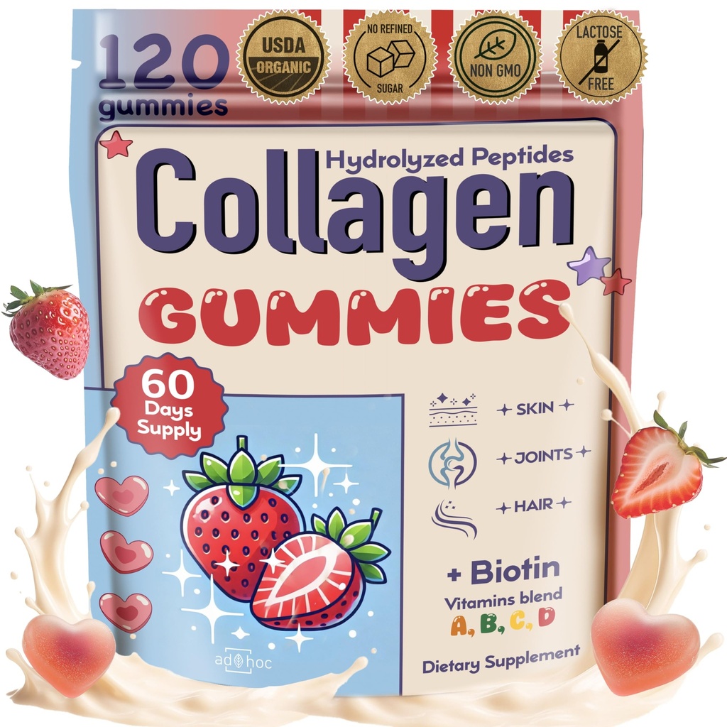 Collagen Peptides Gummies for Women – Biotin, Zinc, Vitamin D3 – 120 Count – Hydrolyzed Collagen Gummy Complex – Hair, Skin & Nails Support – Sugar-Free, Halal, Lactose-Free, Strawberry Cream Flavor