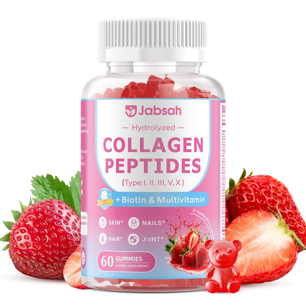 Collagen Gummies for Women & Men, Hydrolyzed Collagen Peptides (Type I, II, III, V, X) with Biotin, Hyaluronic Acid, MultiVitamins, Supports Healthy Skin, Thick Hair &Strong Nails, Sugar Free, 60Cts