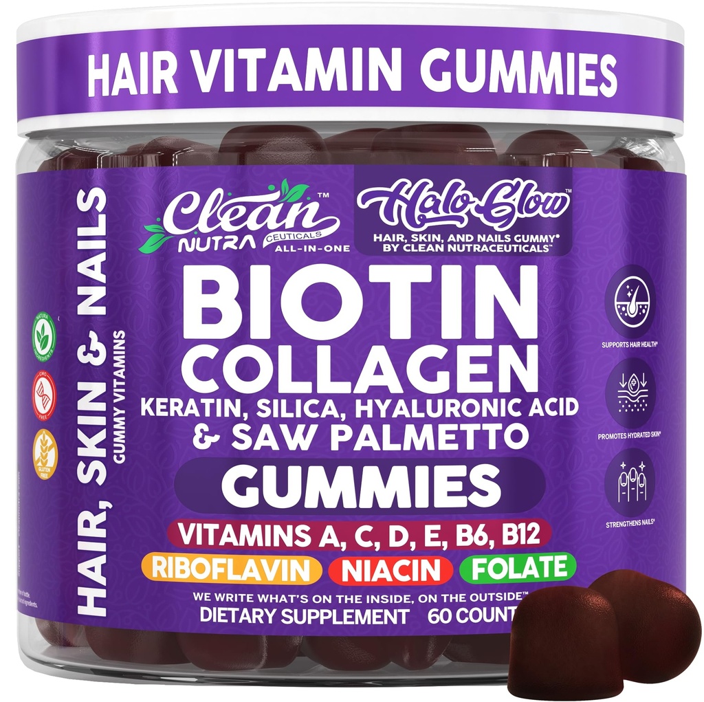 Clean Nutra Biotin Gummies | Collagen, Hyaluronic Acid, Keratin Hair Vitamins Supplement - Hair Growth Support, Skin & Nails - Vitamins C, D, E, B6 & B12 - US Made for Women & Men | 60 Gummy Count