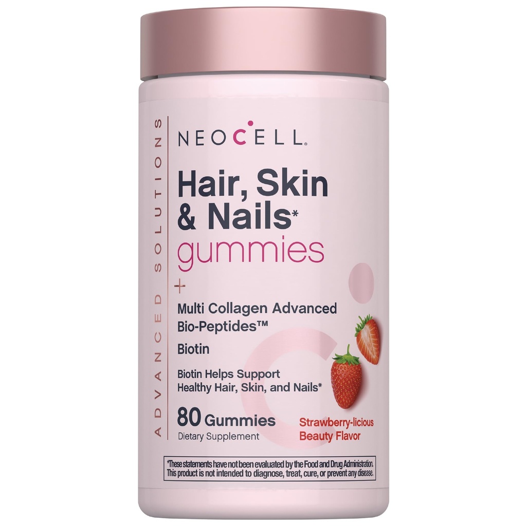 NeoCell Hair Skin and Nails Gummies | 80 Count | with Multi Collagen Advanced Bio-Peptides | Plus Vitamin C and Biotin | for Women and Men
