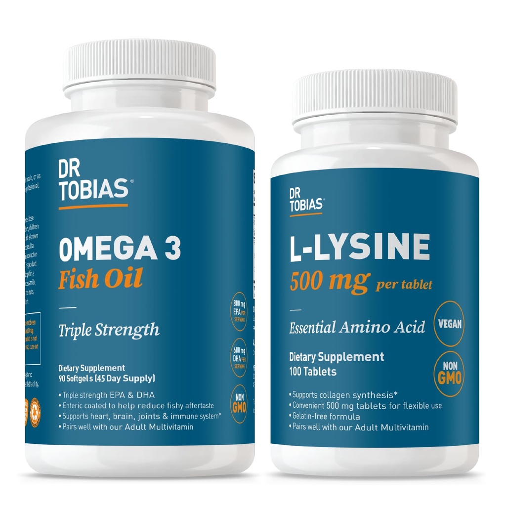 Dr. Tobias Omega 3 Fish Oil 2000 mg + L‑Lysine 500 mg Tablets – Triple Strength EPA/DHA for Heart & Brain Support with Essential Amino Acid for Collagen & Skin Health