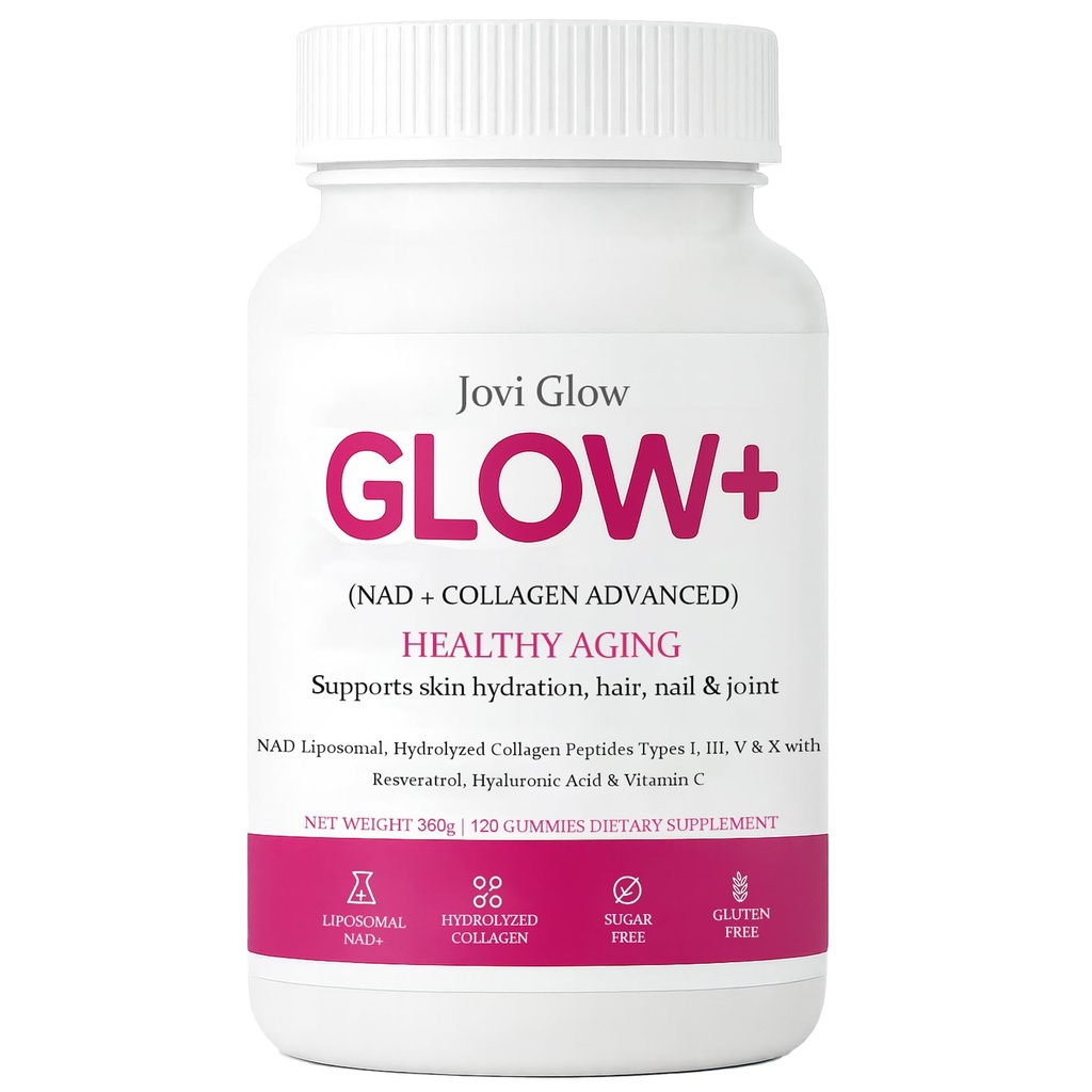 AIFBENK Jovi Glow+ NAD+ & Collagen Gummies, with Hydrolyzed Collagen Peptides, Resveratrol, Hyaluronic Acid & Vitamin C, Anti-Aging, Supports Skin, Hair & Nail Wellness, Daily Vitality Gummies