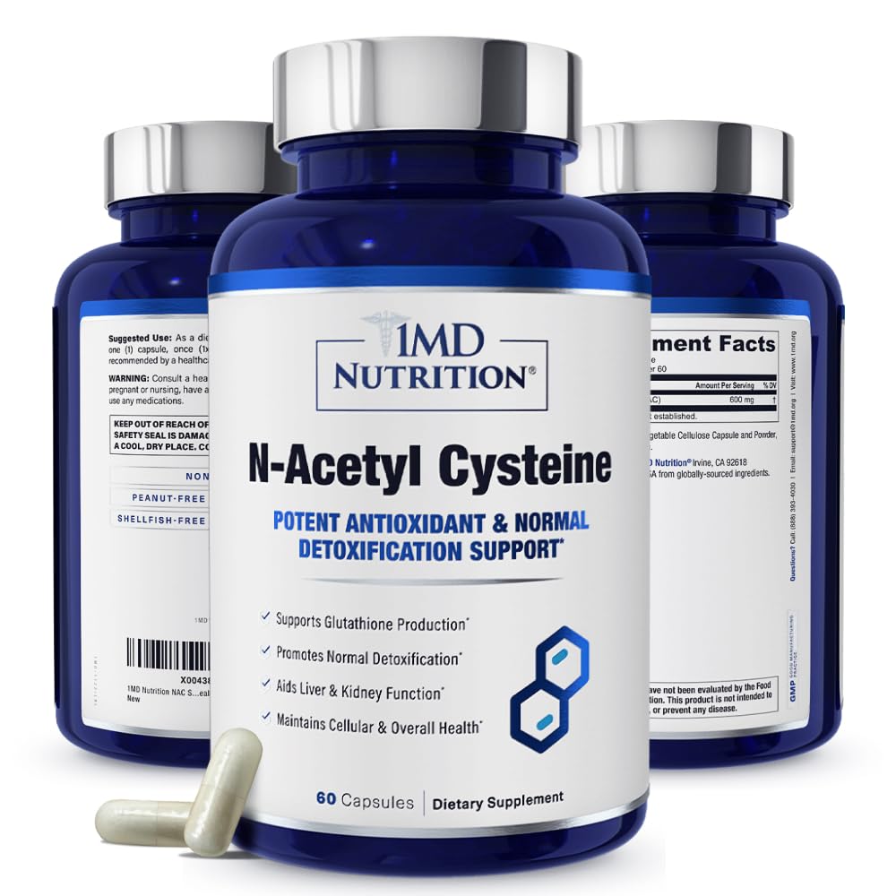 1MD Nutrition NAC Supplement N-Acetyl Cysteine - NAC 600 mg - Antioxidant Ondersteunt Detox en Glutathion Productie - N Acetylcysteïne Respiratoire Supplement voor Lung Health - 60 Capsules