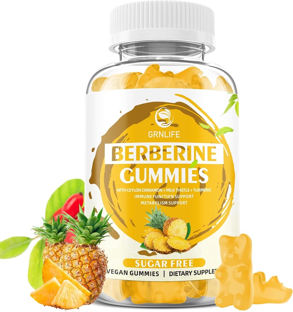 Berberine Gummies met Ceylon Cinnamon 1500mg Hoge Potentie Berberine HCL Supplement voor Immune en Metabolisme Ondersteuning, Suikervrij, Ananas smaak - 60 Tellen