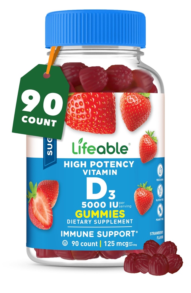 Levensbaar Suikervrij Vitamine D 5000 IE - Geweldig Proeven Natuurlijke Smaak Gummy Supplement - Glutenvrij Vegetarisch GGO-vrij Kauwbaar - voor Immune Ondersteuning en Bone Health - voor volwassenen - 90 Gummies