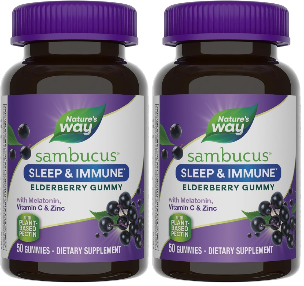 Nature's Way Sambucus Sleep + Immune* Elderberry Gummies, Sleep Support for Adults and Immune Support*, with Melatonin, Vitamin C, L-Theanine, Zinc, 50 Gummies (Packaging May Vary),(Pack of 2)