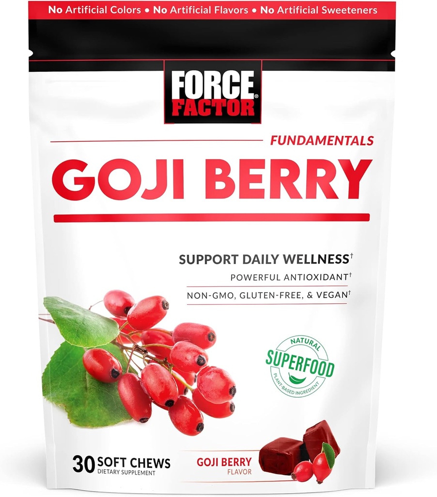 FORCE FACTOR Goji Berry Zachte Kauwen Superfood Antioxidanten Supplement ter ondersteuning van gezonde ogen en huid, immuungezondheid en ontsteking, non-GMO, Glutenvrije, & Vegan, Goji Berry Flavor, 30 Zachte Kauwen