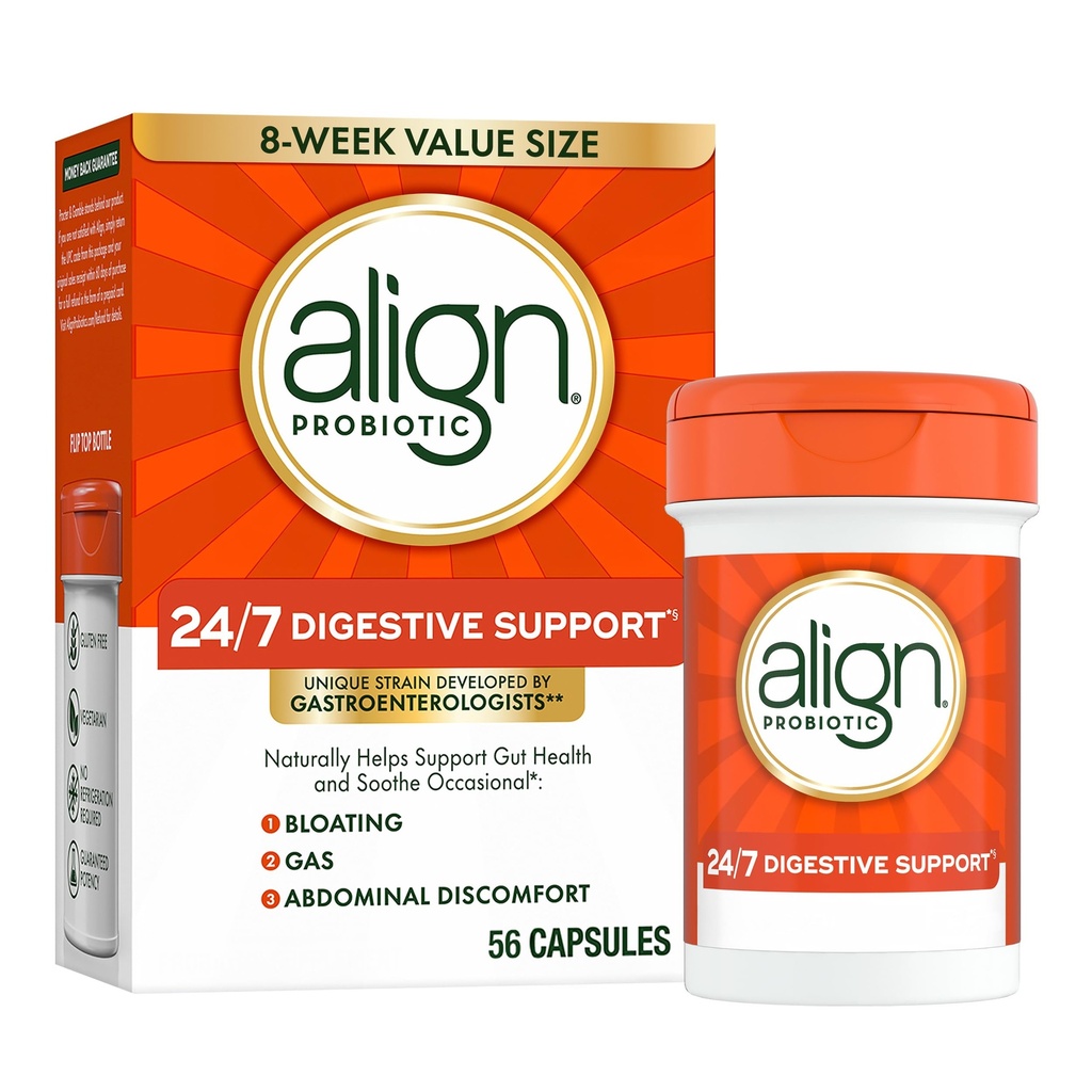 Uitlijnen Probiotica, 24/7 Digestieve Ondersteuning*§, Probiotica voor Vrouwen en Mannen, Probiotica voor Digestieve Gezondheid, Mannen en Vrouwen Probiotische Capsules helpen Occasional Bloating & Gas*, 56 Capsules