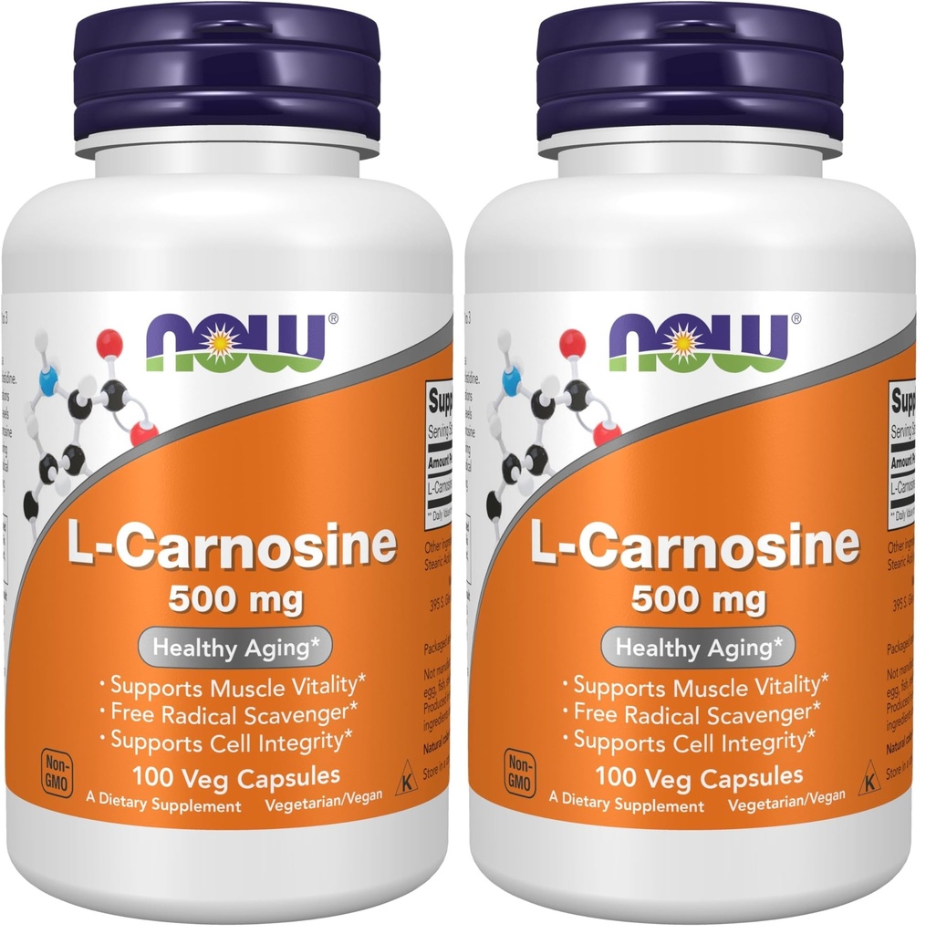 NOW Foods Supplements, L-Carnosine (Beta-Alanyl-L-Histidine) 500 mg, Healthy Aging, 100 Veg Capsules,(Pack of 2)