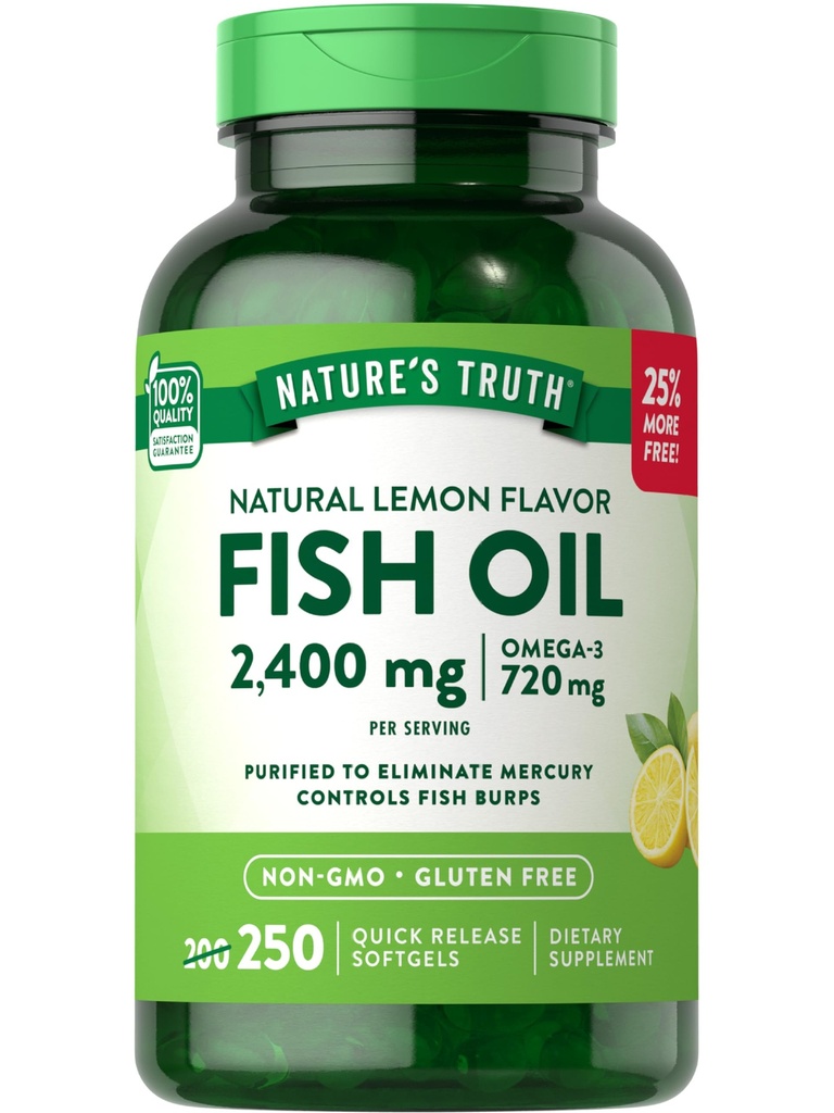 Nature's Truth Burpless Fish Oil 2400mg | 250 Softgels | 720 mg Omega 3 | Natural Lemon Flavor Pills | Non-GMO & Gluten Free Supplement
