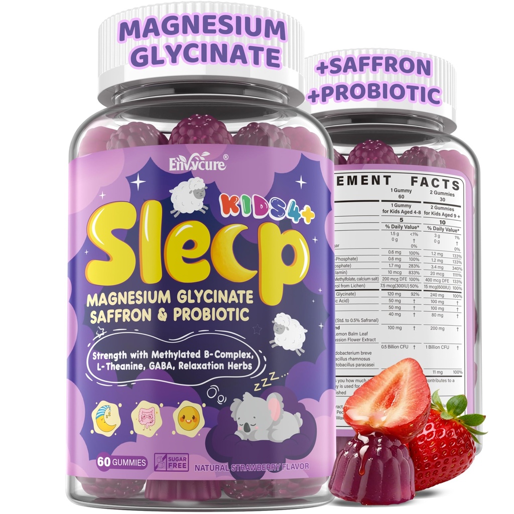 Kids Sleep Gummies No Melatonin- Magnesium Glycinate for Kids Teen w/ Saffron, Probiotic, L-Theanine, GABA, Chamomile, Methylate B6 B12 D3 for Best Sleep, Relax Brain & Muscle, Bedtime Unwind, 120 cts