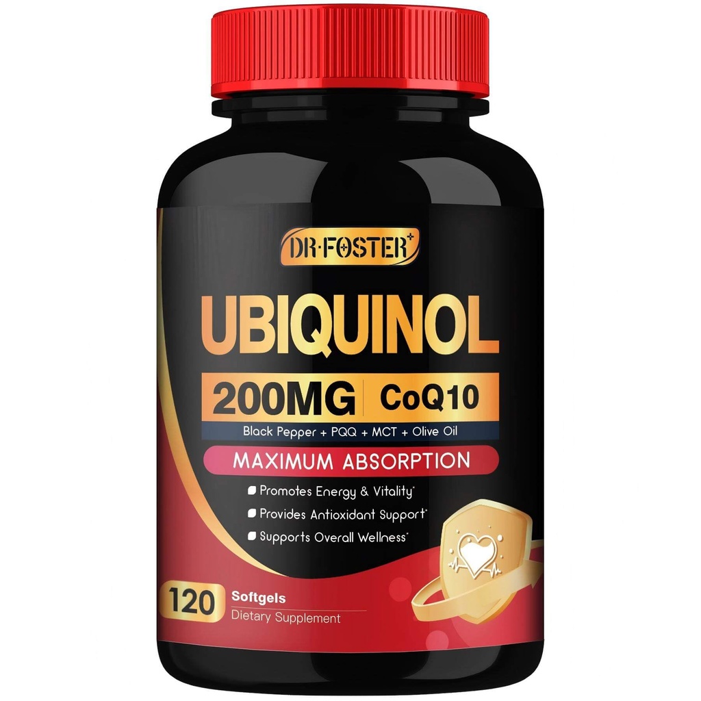 DRFOSTER Coq10 Ubichinol 200mg, Coq10 200mg Softgels, Max Absorptie Ubichinol met Vitamine E & PQQ & Black Pepper, Krachtig Antioxidant, 120 Softgels