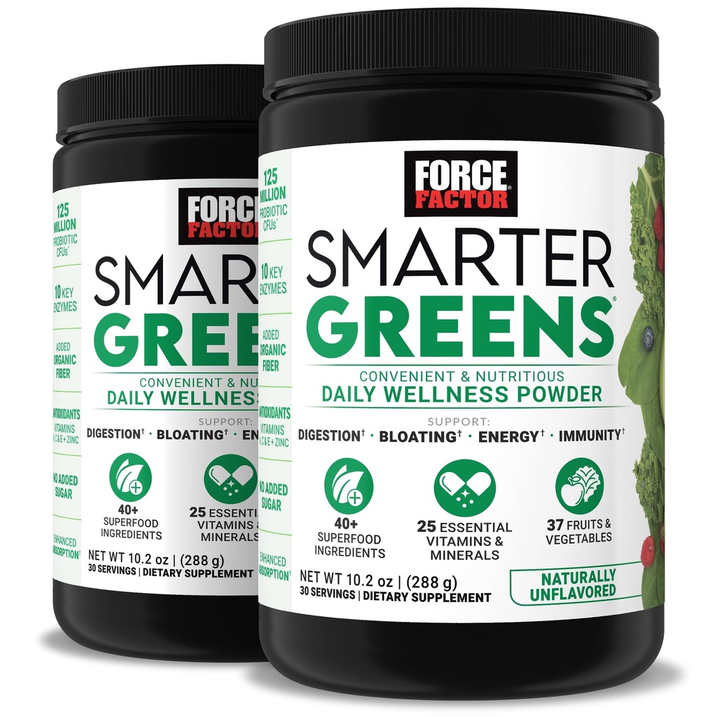 Force Factor Smarter Greens Daily Wellness Powder 2-Pack to Support Energy, Immunity & Digestion, Superfood Greens Powder with Vitamins, Minerals & Probiotics, Unflavored, 60 Servings