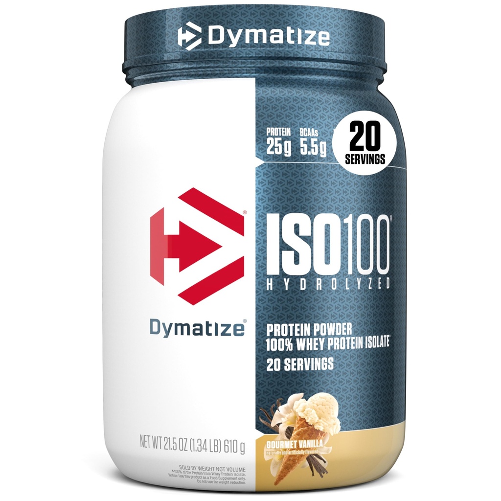 Dymatize ISO100 Wei Proteïnepoeder Isolaat, Gourmet Vanille, 25g eiwit, 5.5g BCAA's, Minder dan 120 Cal., Glutenvrij, 1g vet, 1g suiker, 2g Carb (20 Servers)