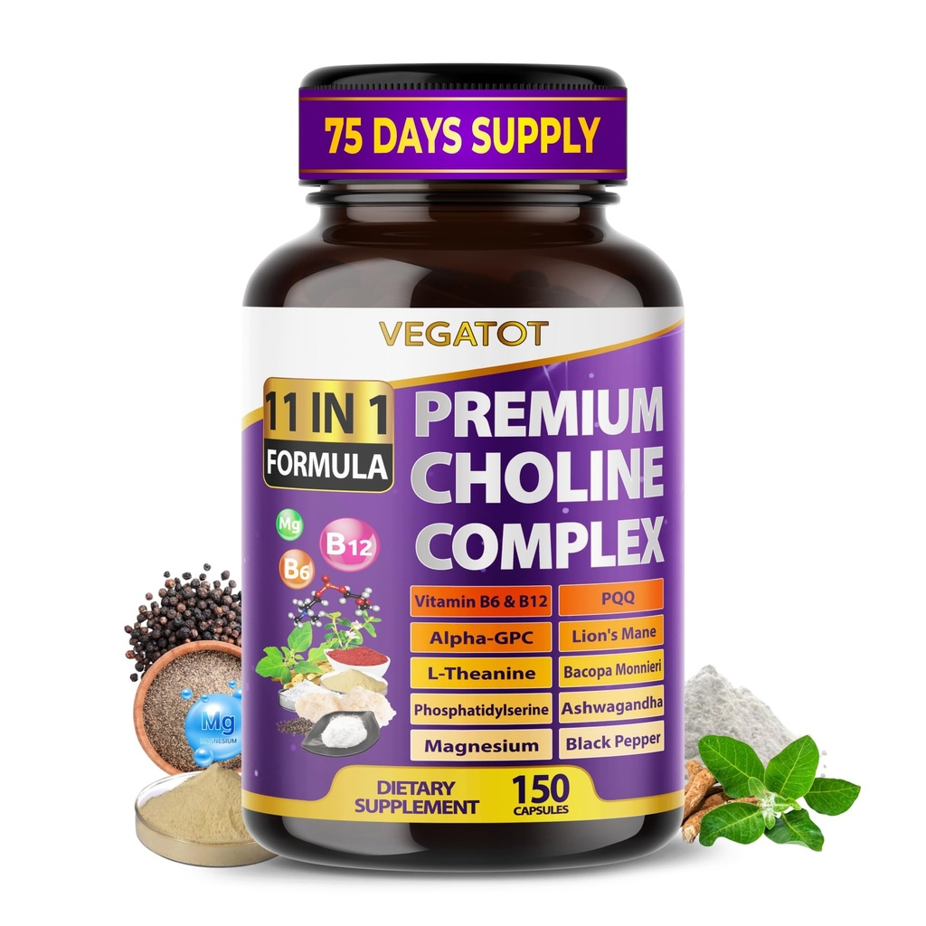 VEGATOT Ultra Organic Choline Complex 10-in-1 Formula with Vitamin B6, B12, Alpha-GPC, Magnesium, L-Theanine & Ashwagandha – Supports Mental Focus & Cognitive Balance – 150 Capsules