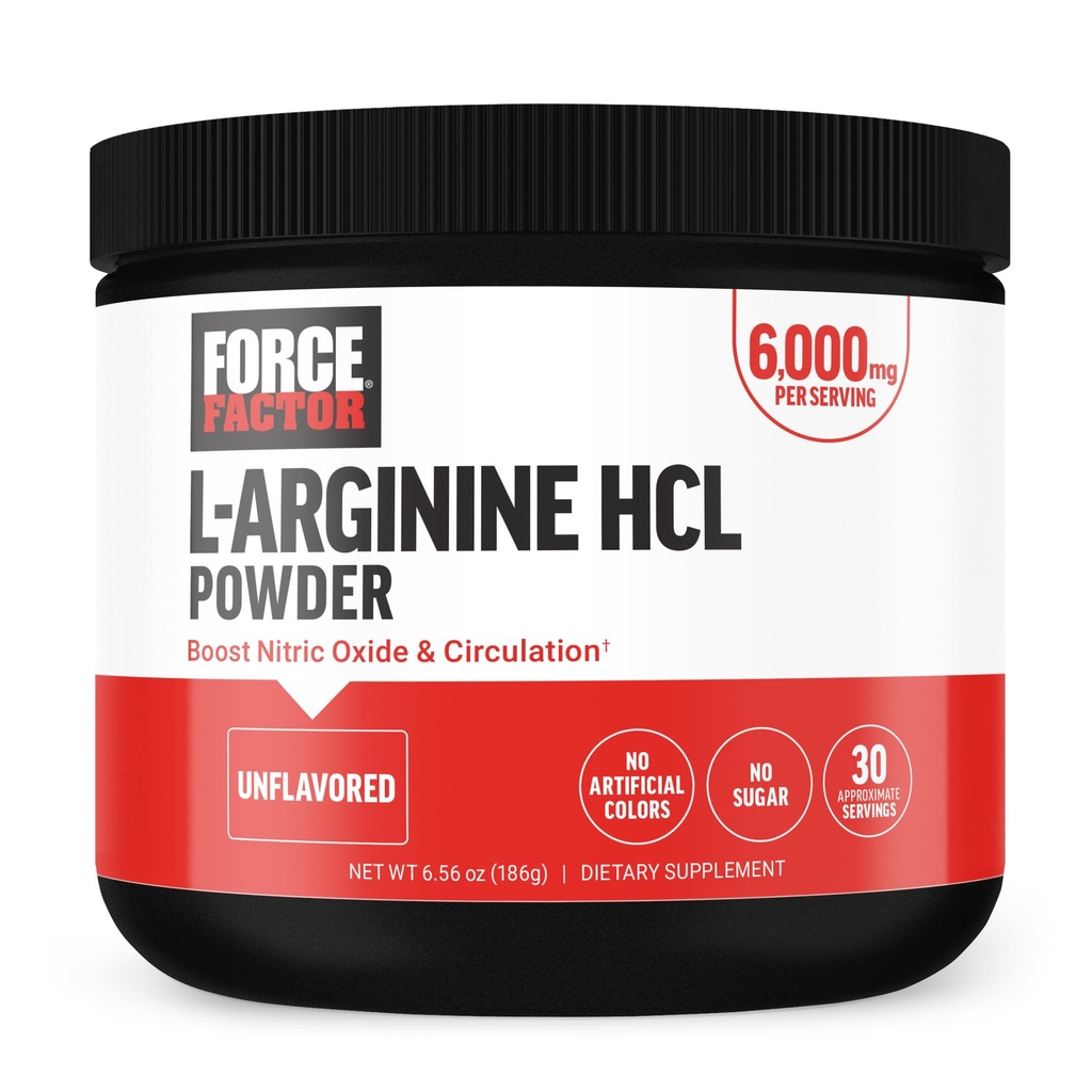 Force Factor L Arginine HCL, L-Arginine Supplement op Boost Nitrik Oxide voor betere circulatie, bloedstroom, en spierpompen, L Arginine Powder 6000mg, Unflavored, 30 porties