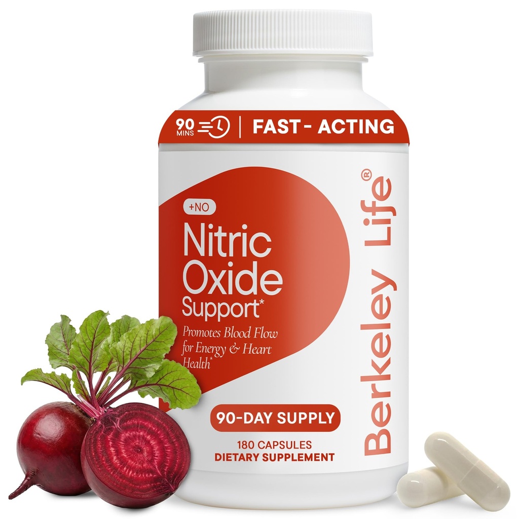 Berkeley Life Nitric Oxide Support Supplement - Nitric Oxide Booster for Men & Women- Blood Flow & Circulation with Beet Root Powder to Support Energy, Heart Health & Healthy Blood Pressure- 180 Count