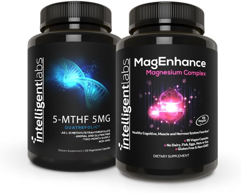 Intelligente labs 2-in-1 bundel MagEnhance Supplement (met Magnesium L-Threonate, Glycinate & Taurate) en 5MG 5-MTHF Methylfolaat als Quatrefolic Acid® (MTHFR-supplement voor Methylatieondersteuning)