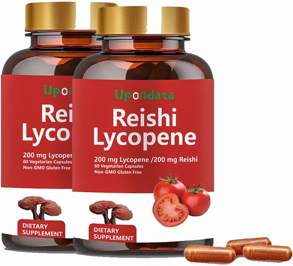 Lycopeen Capsules, Natuurlijke Lycopeen 200mg met Biologische Reishi Mushroom 200mg Supplement voor Prostaat Gezondheid en Immuun Ondersteuning - Glutenvrije, Non-GMO, 60 Capsules (2 Pack)