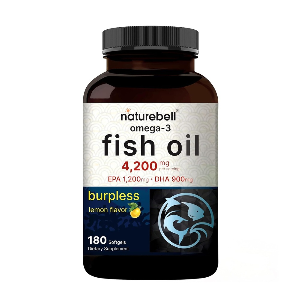 NatureBell Omega-3 Visolie - 180 Softgels - Ondersteuning voor Joint, Brain & Heart Health* - met EPA & DHA - Geen Burps of Fishy Aftersmaak - Non-GMO & Mercury-Free Formula - Citroensmaak