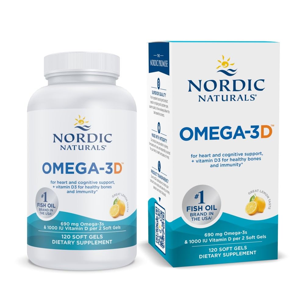 Nordic Naturals Omega-3D, Citroensmaak - 120 Zachte Gels - 690 mg Omega-3 + 1000 IE Vitamine D3 - Visolie - EPA & DHA - Immune Support, Brain & Heart Health, Healthy Bones - Non-GMO - 60 porties